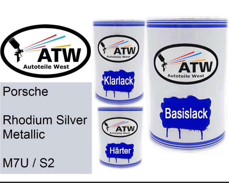 Porsche, Rhodium Silver Metallic, M7U / S2: 500ml Lackdose + 500ml Klarlack + 250ml Härter - Set, von ATW Autoteile West.